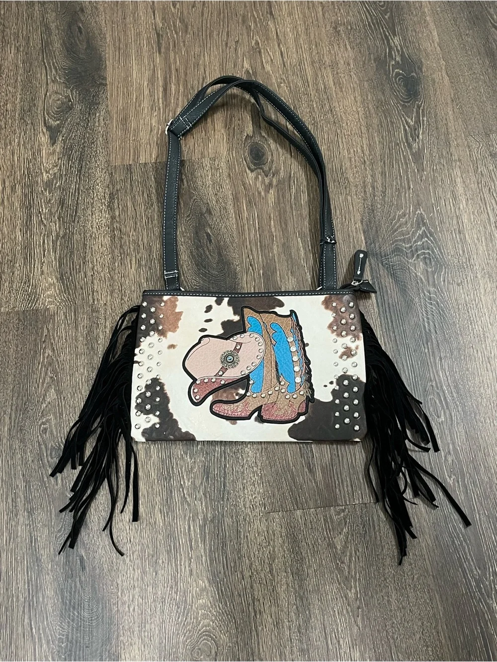 Western Cow Print Fringe Shoulder Bag | Cowboy Boot & Hat Purse | NWT